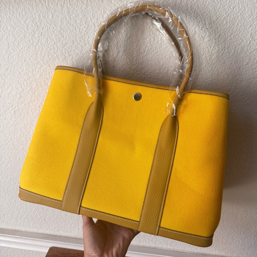 Yellow Mustard Toile 36 Garden Party Leather Canvas Linen Satchel Bag S17
